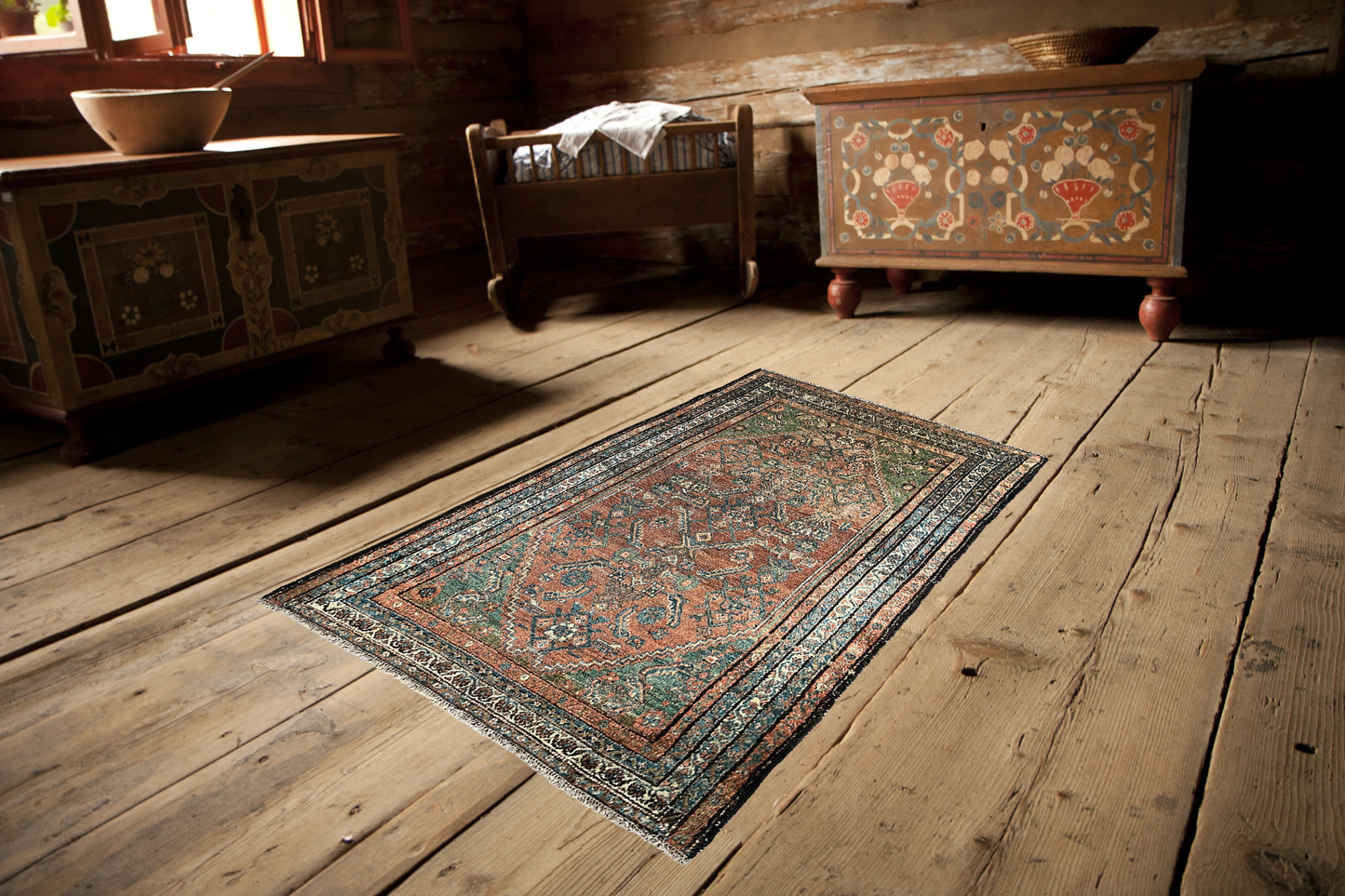 Antique Oriental Rug featuring the rich hues characteristic of renowned Heriz Serapi Rugs