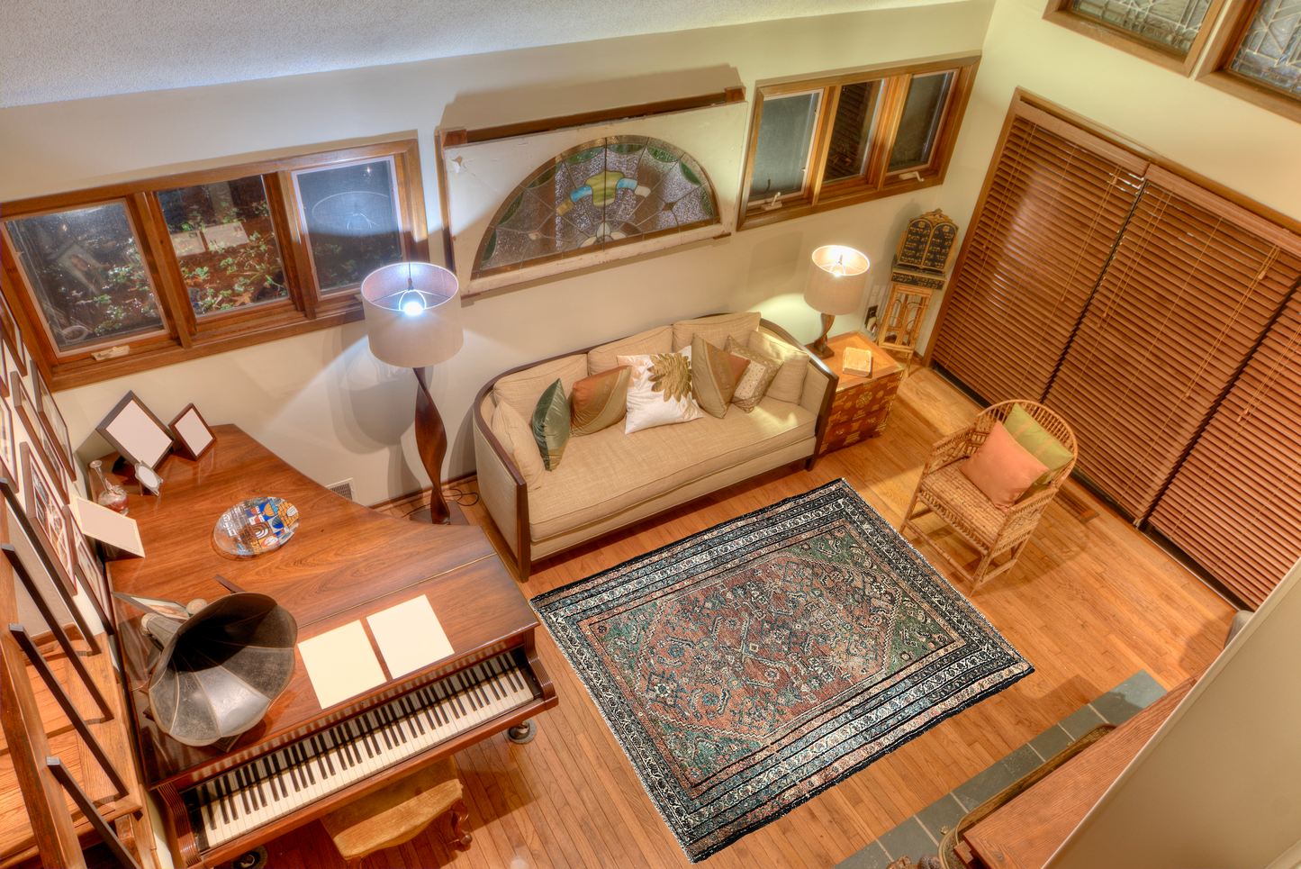 Antique Oriental Rug featuring the rich hues characteristic of renowned Heriz Serapi Rugs