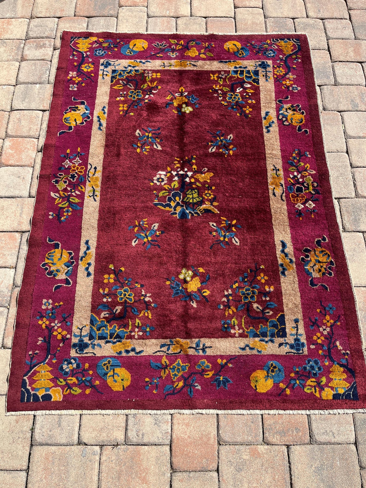 True Antique Handwoven Art Deco Rug - circa 1920's- With Great Purple Border!!