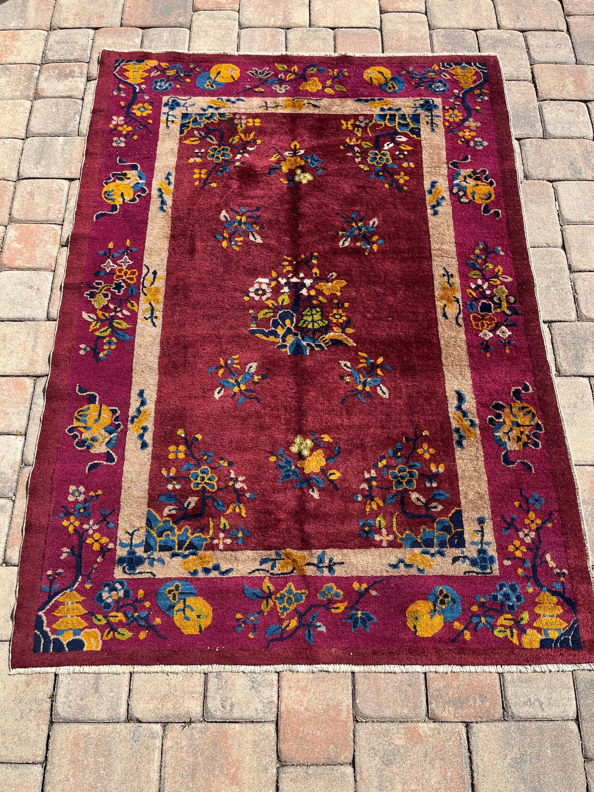 True Antique Handwoven Art Deco Rug - circa 1920's- With Great Purple Border!!