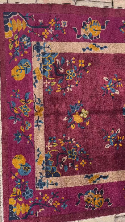 True Antique Handwoven Art Deco Rug - circa 1920's- With Great Purple Border!!